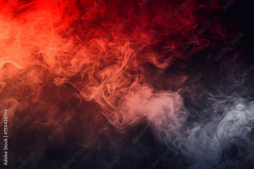 Dense multicolored smoke of  red and blue colors, background gradient red to black with smoke - obrazy, fototapety, plakaty 