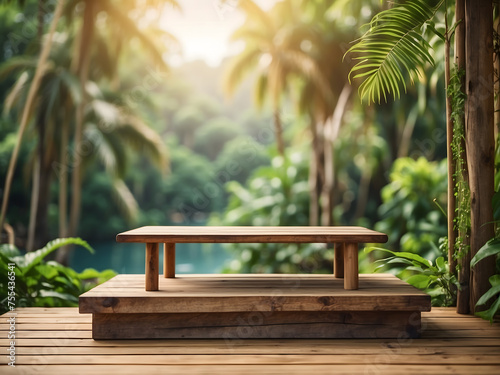 Empty Wooden podium on lush jungle background  ideal for tropical vacation  adventure travel  ecotourism  nature retreat  and outdoor activities.Farm wood nature field fruit table product grass garden