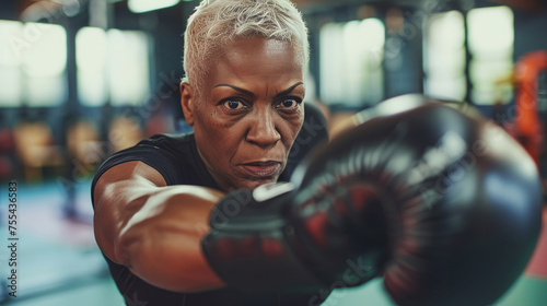Afroamerican senior fit looking woman boxing in the gym
