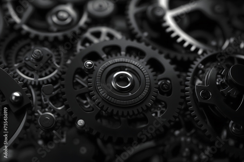 Close-up macro photograph highlighting intricate interlocking cogs and gears in machinery. Representing industry. Technology. Mechanics. Engineering. And precision in a moody monochromatic environment