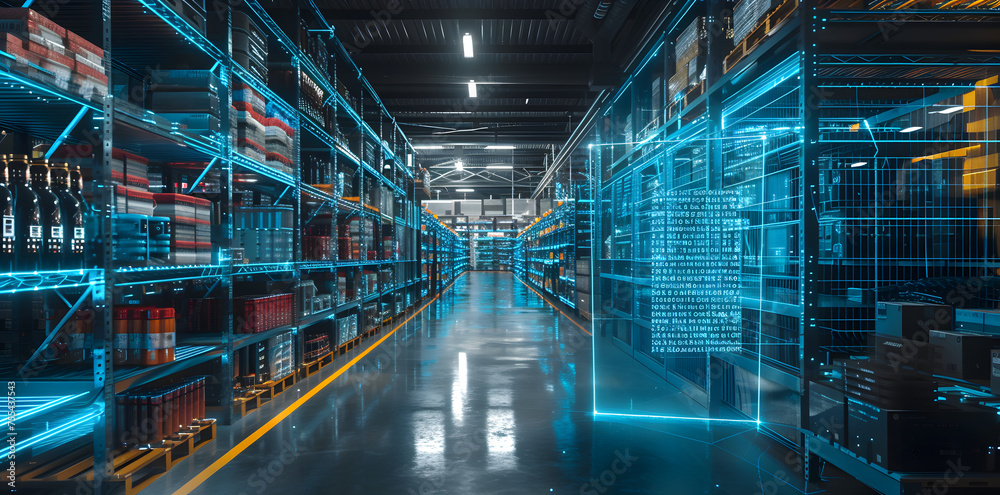 A Futuristic warehouse with a forklift driving down the aisle. The warehouse is empty and the forklift is the only thing moving A Futuristic warehouse with a forklift driving down the aisle. The warehouse is empty and the forklift is the only thing moving