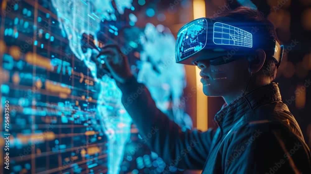 A finance professional using a virtual reality headset to attend a global business A finance professional using a virtual reality headset to attend a global business