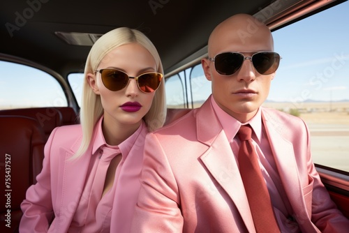 Elegant couple in pink suits enjoying a luxury car ride