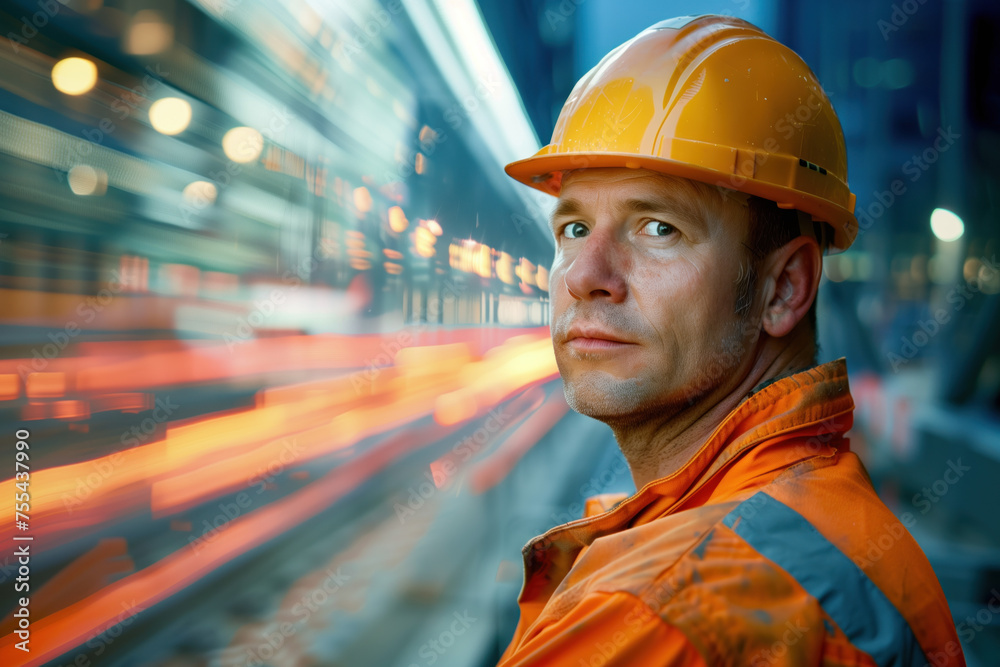 Portrait of a construction worker, blurred lights of a construction site in the background. Long exposure, bokeh. Created with Generative AI technology. Portrait of a construction worker, blurred lights of a construction site in the background. Long exposure, bokeh. Created with Generative AI technology.