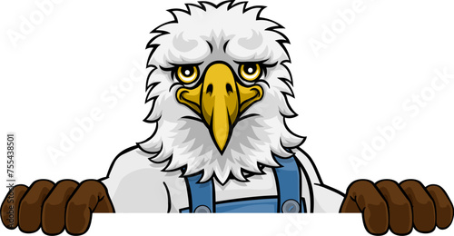 An eagle cartoon animal mascot gardener, carpenter, handyman, decorator or builder construction worker peeking around a sign