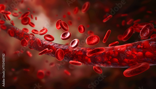 Human plasma Blood Cells stream in Veins, Concept of energy and movement, as if the blood cells are in the midst of a busy and active environment