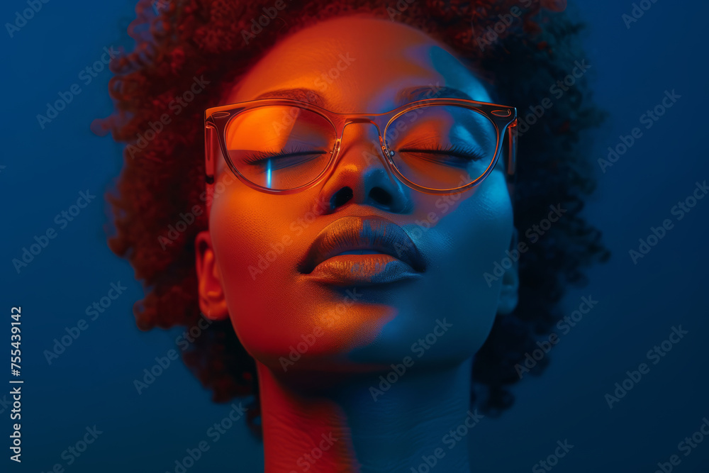Photo of a model on a minimalistic background, a charismatic modern young African American woman wearing glasses. Neon light is warm and cold Photo of a model on a minimalistic background, a charismatic modern young African American woman wearing glasses. Neon light is warm and cold