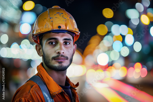 Portrait of a construction worker, blurred lights of a construction site in the background. Long exposure, bokeh. Created with Generative AI technology.