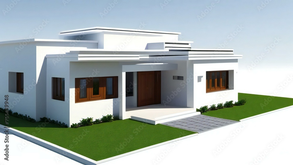 Modern white house with flat roof design and green lawn on a clear day.