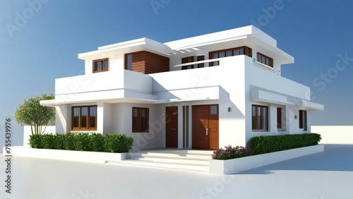 Modern two-story house with white walls, flat roof, and wooden accents under a clear sky. © home 3d
