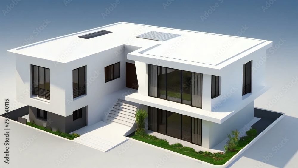 Modern two-story house with a flat roof, large windows, and an external staircase, isolated on a white background.