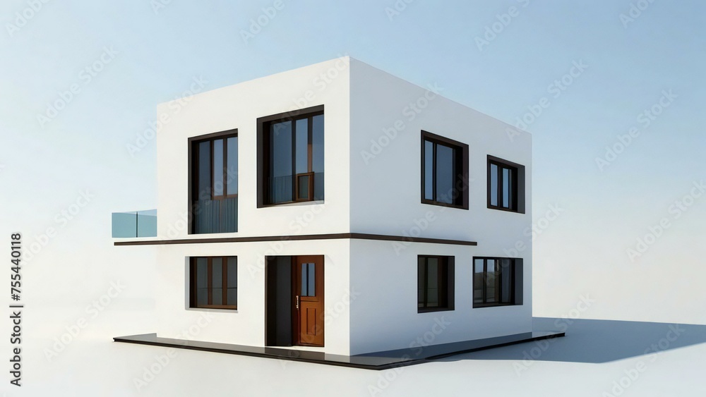 Modern minimalist two-story house with large windows on a white background.