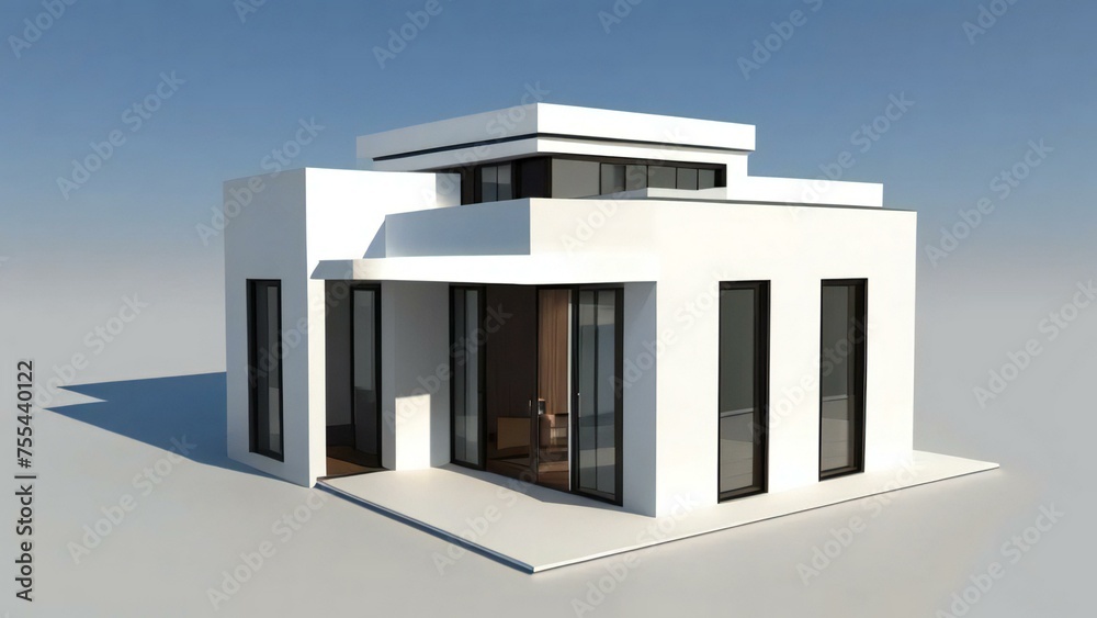 Modern minimalist house with large windows on a plain white background.
