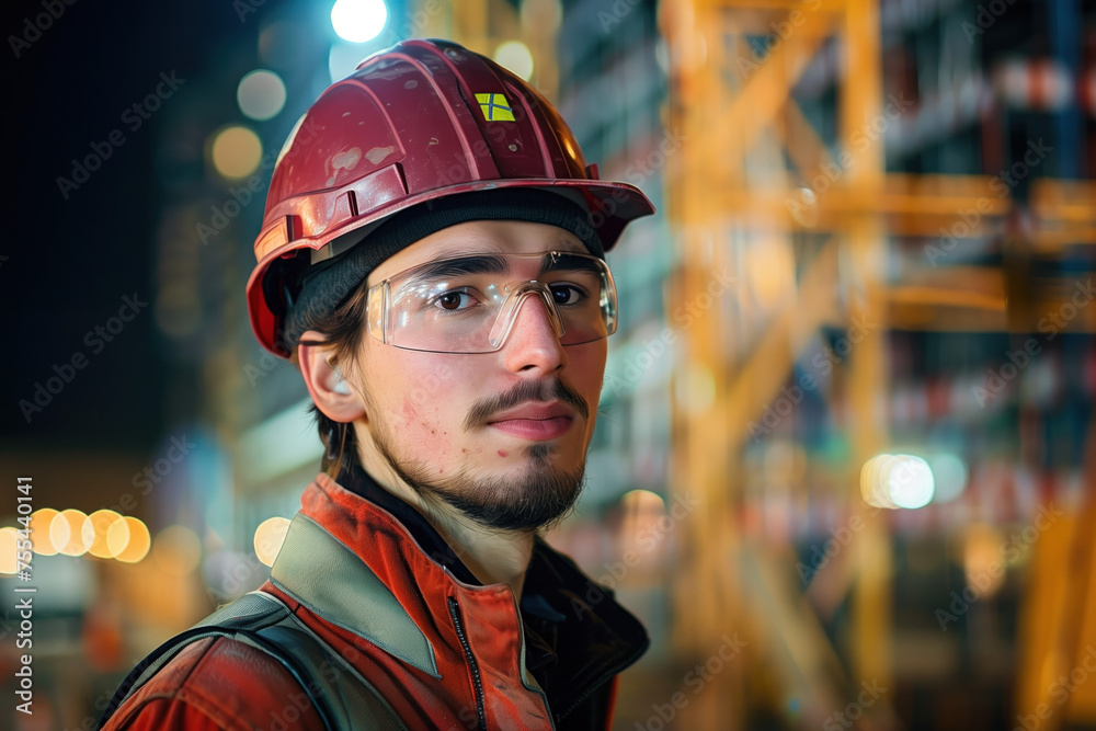 Portrait of a construction worker, blurred lights of a construction site in the background. Long exposure, bokeh. Created with Generative AI technology. Portrait of a construction worker, blurred lights of a construction site in the background. Long exposure, bokeh. Created with Generative AI technology.