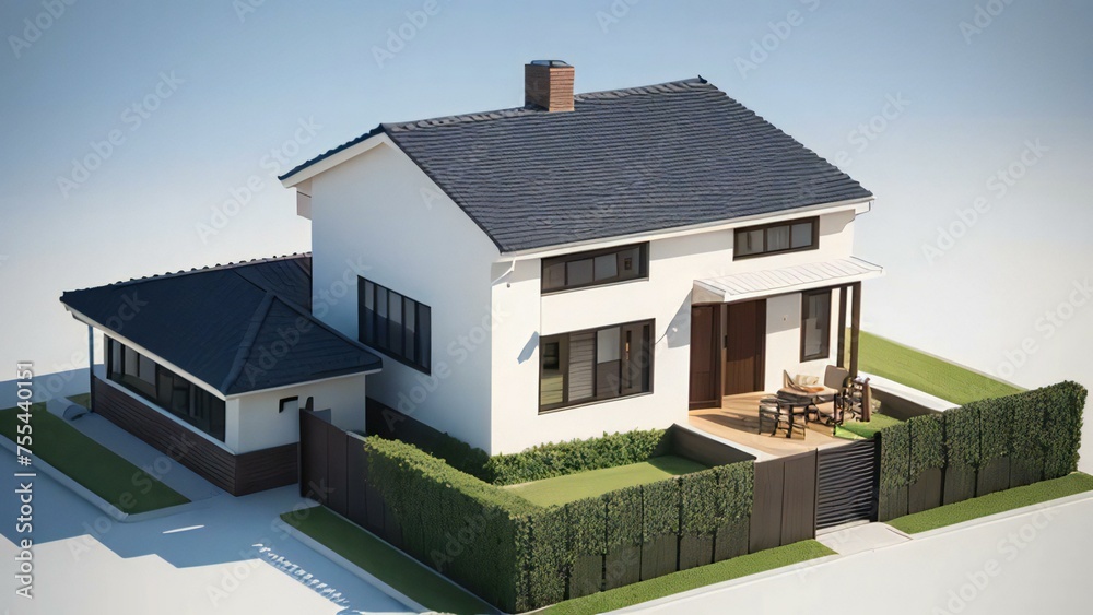 3D rendering of a modern suburban house with garden and patio, isolated on a white background.