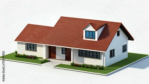 3D illustration of a modern suburban house with a red roof on a white background. © samsul