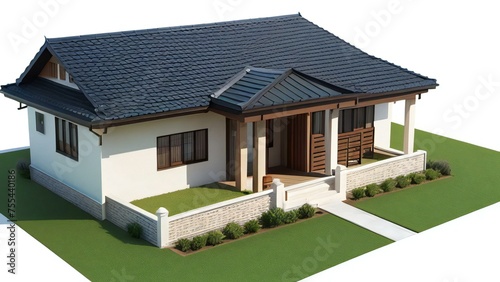 3D rendering of a modern single-story house with a dark roof, white walls, and a surrounding fence on a white background.