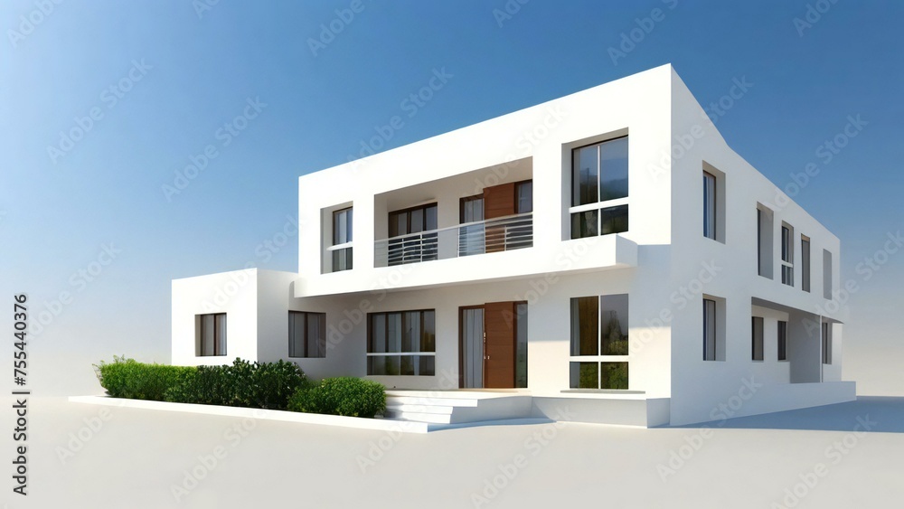 Modern minimalist white house with large windows under clear blue sky.