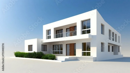 Modern minimalist white house with large windows under clear blue sky. © home 3d