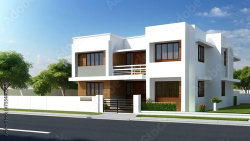 Modern two-story residential house with balconies and a clear sky. © home 3d