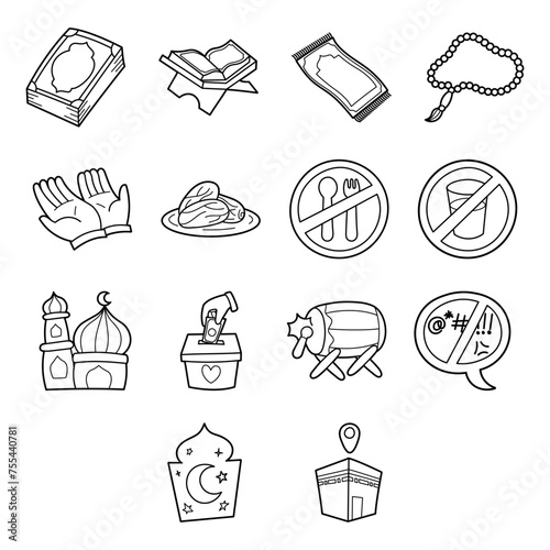 Doodle Style Ramadan Theme Set. Al-Quran, Praying Mat, Beads, Pray Hands, Dates, No Eat No Drink No Angry Sign, Mosque, Charity, Drums, Crescent and Kaba. Editable Line. Adjustable Stroke Width.