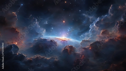 Mesmerizing cosmic scene, glowing galaxy amidst nebulous clouds, stars. Ideal for space-themed designs, digital art