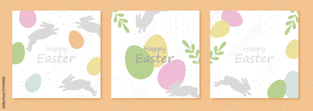 Easter card set.Easter collection of abstract square templates in minimalist style with bunny,easter eggs and space for text. Vector illustrations.