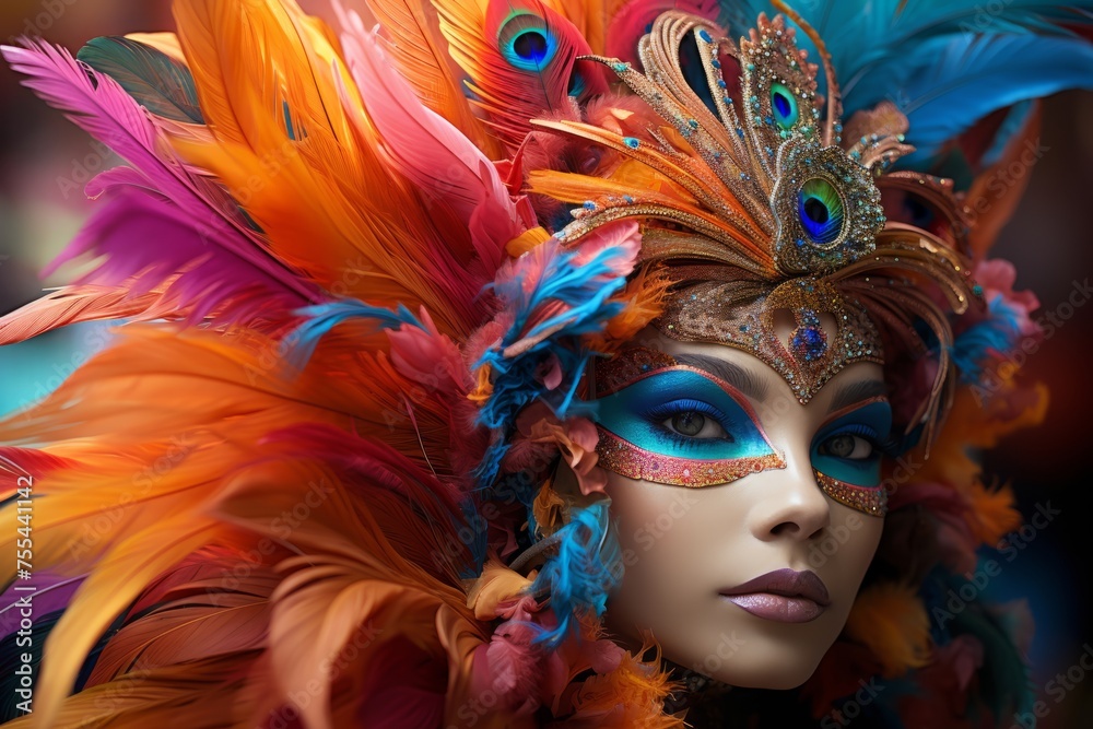 Vibrant feather costume with peacock elements for carnival or festival