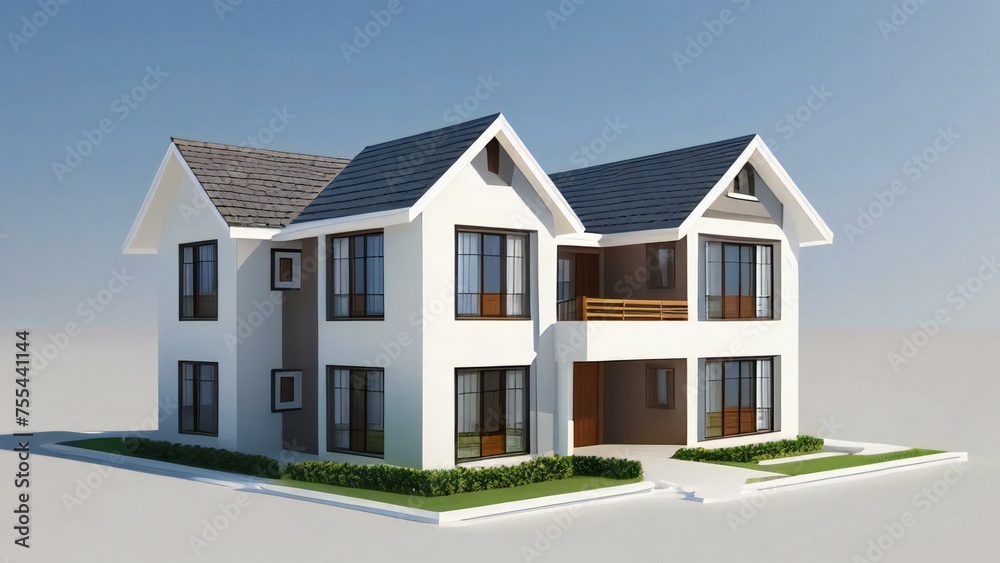 Modern two-story house with white walls and dark roof on a clear background.