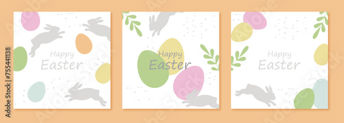 Easter card set.Easter collection of abstract square templates in minimalist style with bunny,easter eggs and space for text. Vector illustrations.