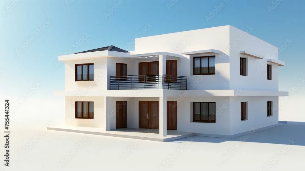 Modern two-story house with balconies on a clear day, 3D rendering.