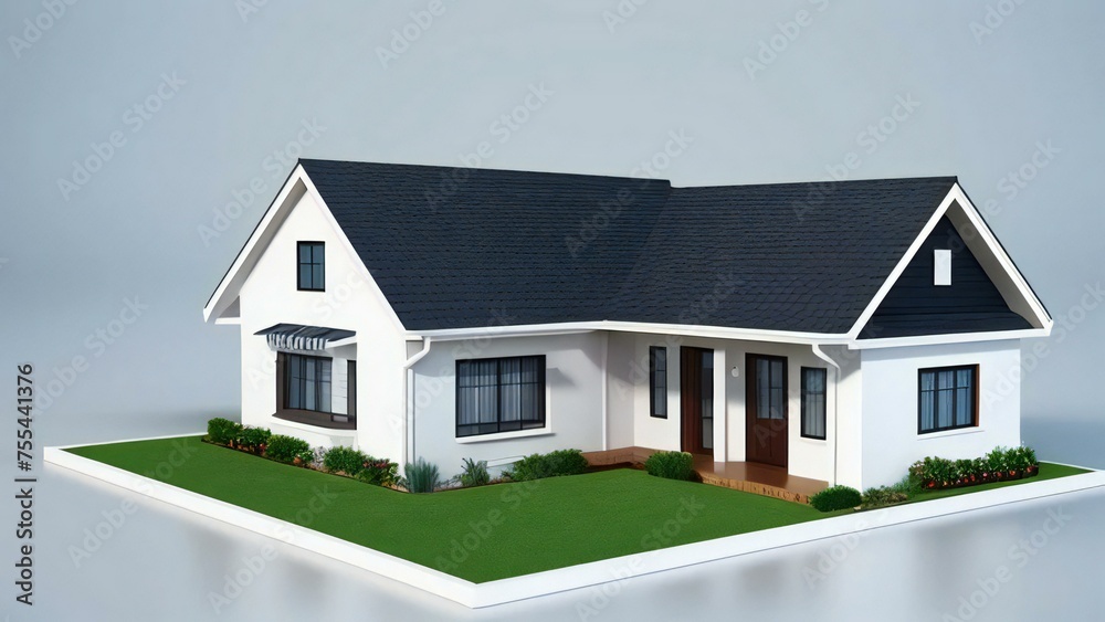 3D illustration of a modern suburban house with a dark roof, white walls, and green lawn on a neutral background.