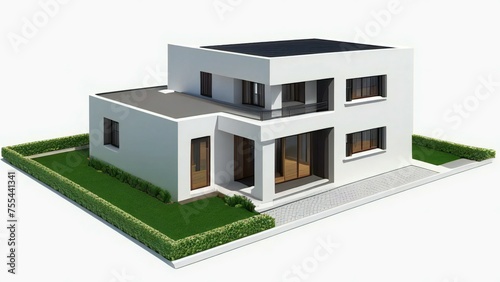 Modern two-story house with flat roofs, large windows, and surrounding lawn on a white background.