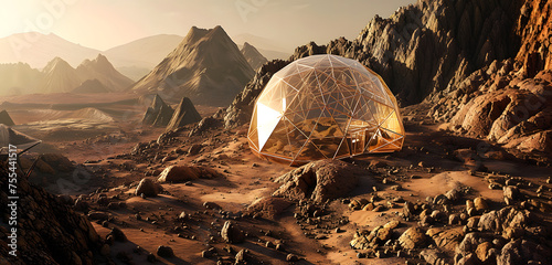 A geodesic dome shelter surrounded by a desert landscape reminiscent of mars. Illuminated by the golden light of a setting sun photo