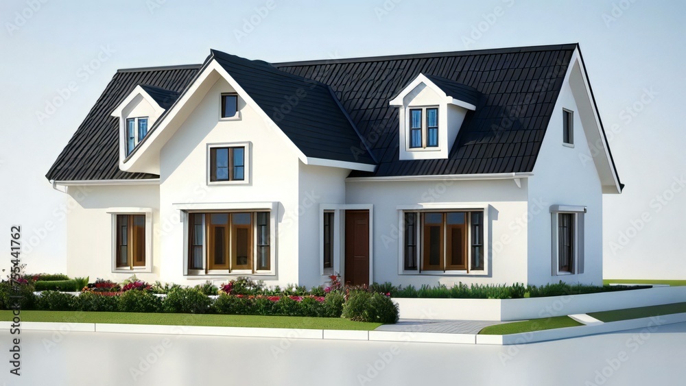 Modern suburban house with a white facade and dark roof, featuring a landscaped lawn and clear skies.