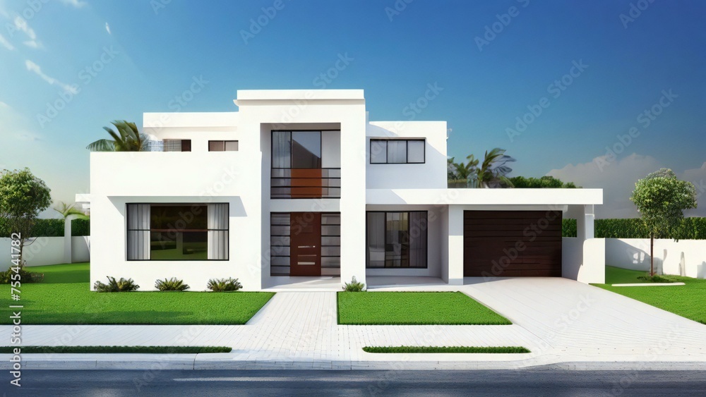 Modern two-story house with a flat roof, large windows, and a garage, set against a clear sky.