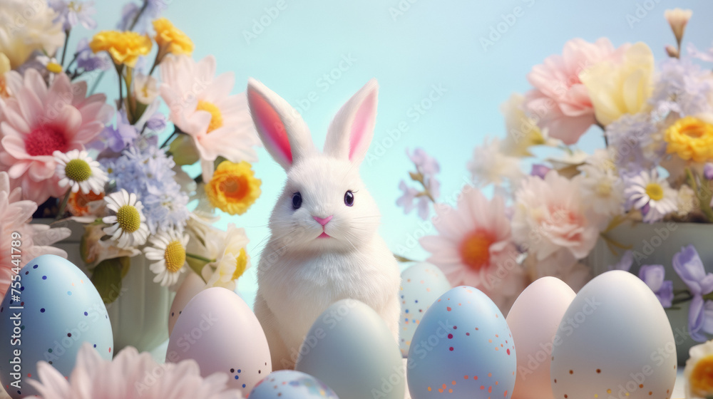 Obraz premium Cute white rabbit sitting in the middle of many painted and pastel colored Easter Eggs with blurry flowers in background