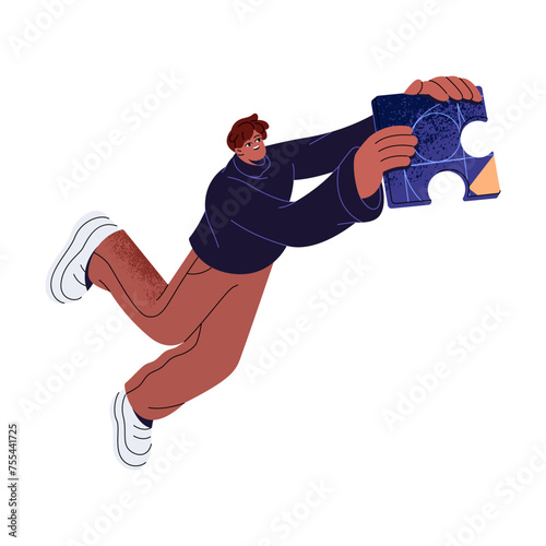 Happy guy holds jigsaw piece in hands. Young man carries puzzle, jumps, flying in air. Person offers creative idea, gives part of solution. Flat isolated vector illustration on white