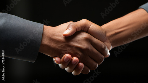 Close-up of a Handshake between a tanned hand with grey sleeve and a white hand on a dark background