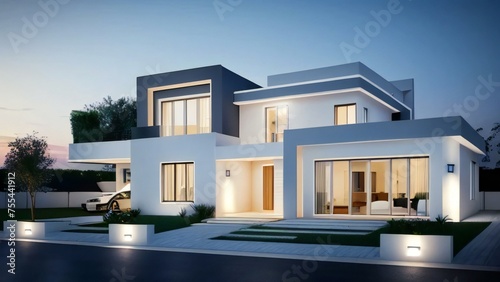 Modern luxury house with illuminated lights at twilight. © home 3d