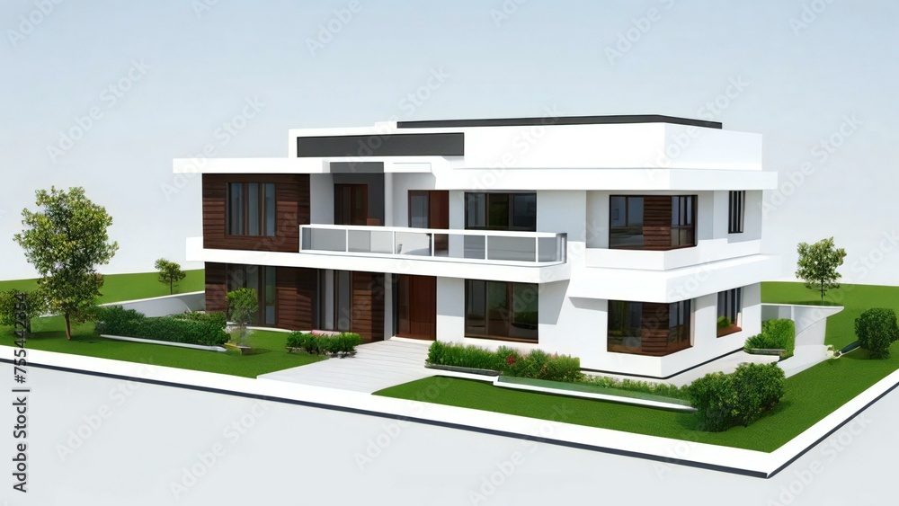 Modern two-story house with balconies and large windows, 3D rendering on white background.