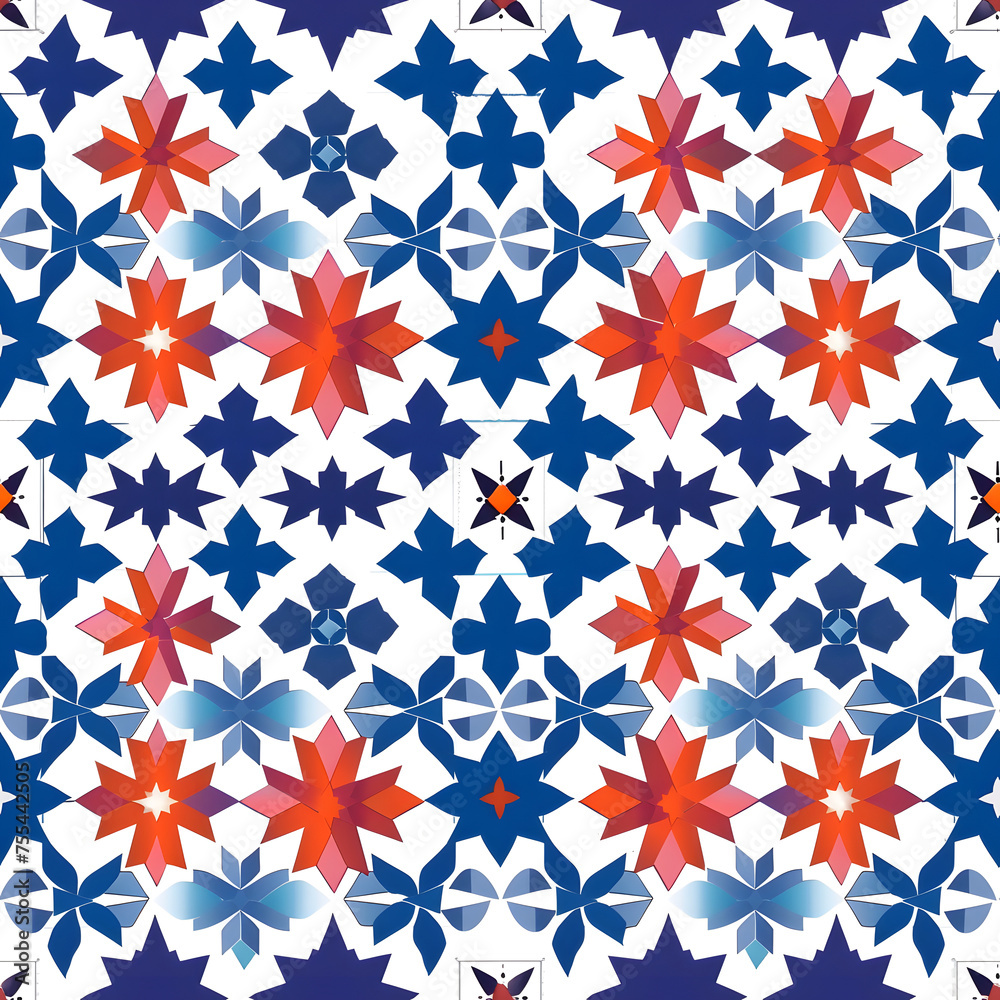 Moroccan Tiles: Seamless Geometric Harmony with Vibrant Stars and Circles in a Burst of Colors, Islamic Ramadan Pattern
