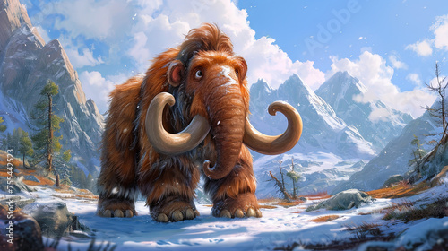 Cartoon mammoth against the background of snowy mountains, extinct animals  photo