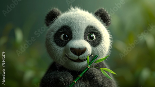 Cartoon panda with bamboo  green background