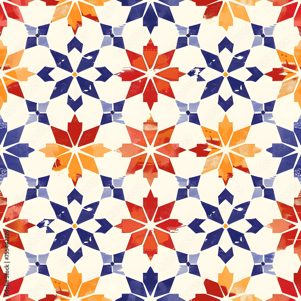A blue and white patterned tile with a blue star and orange flower, an Islamic seamless pattern A blue and white patterned tile with a blue star and orange flower, an Islamic seamless pattern