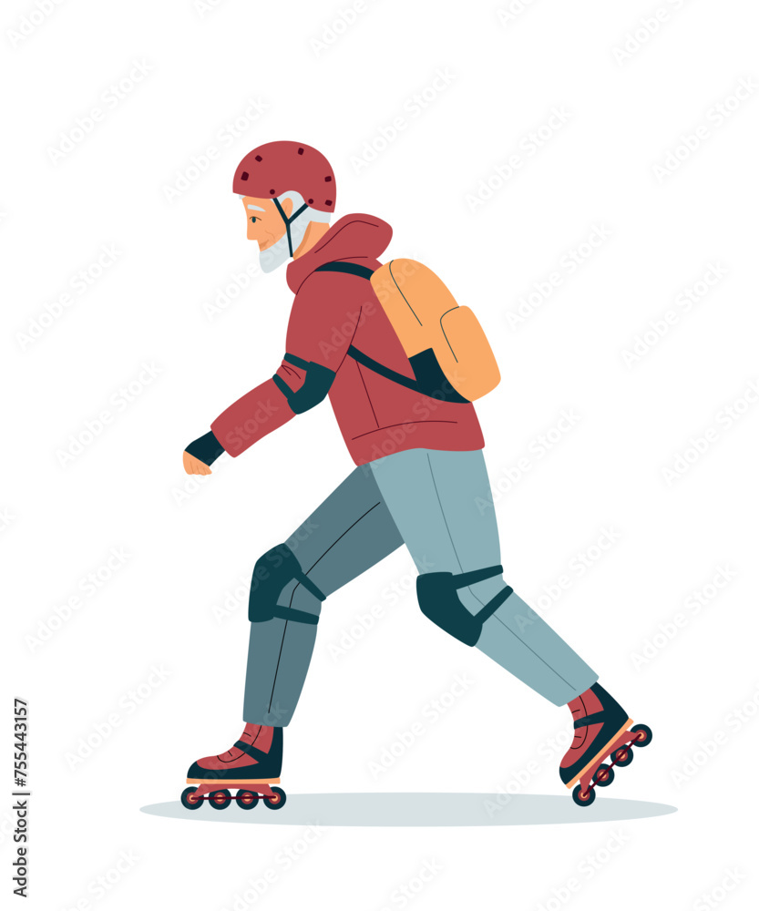 Active energetic happy cool gray haired old adult man rollerblading, smiling sporty fit middle aged mature older male professional skater having fun enjoying roller skating outdoors. Isolated vector
