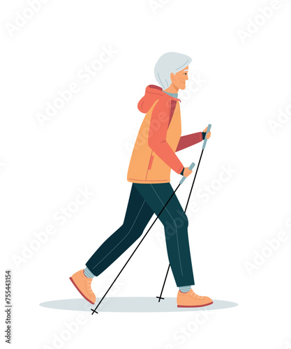 Active energetic happy gray haired elderly woman practice nordic walking. Grandma sport workout Europe. Healthy women lifestyle.  Elder grandmother walking park. Vector illustration isolated on white.