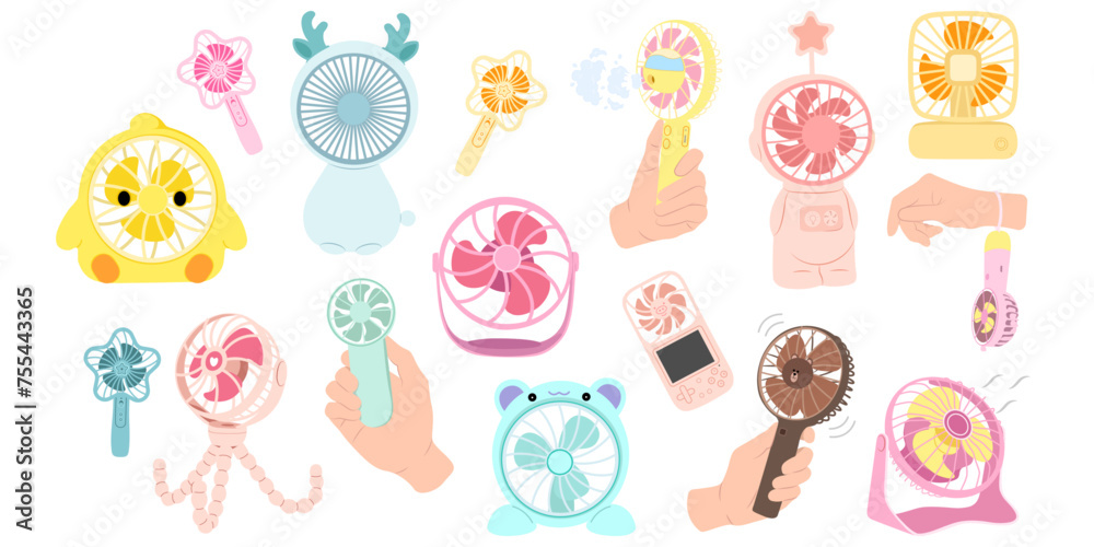 Table fan and hand fan in flat style. Modern fan of different shapes and colors. 