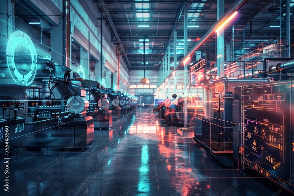 Futuristic factory interior with holographic overlays