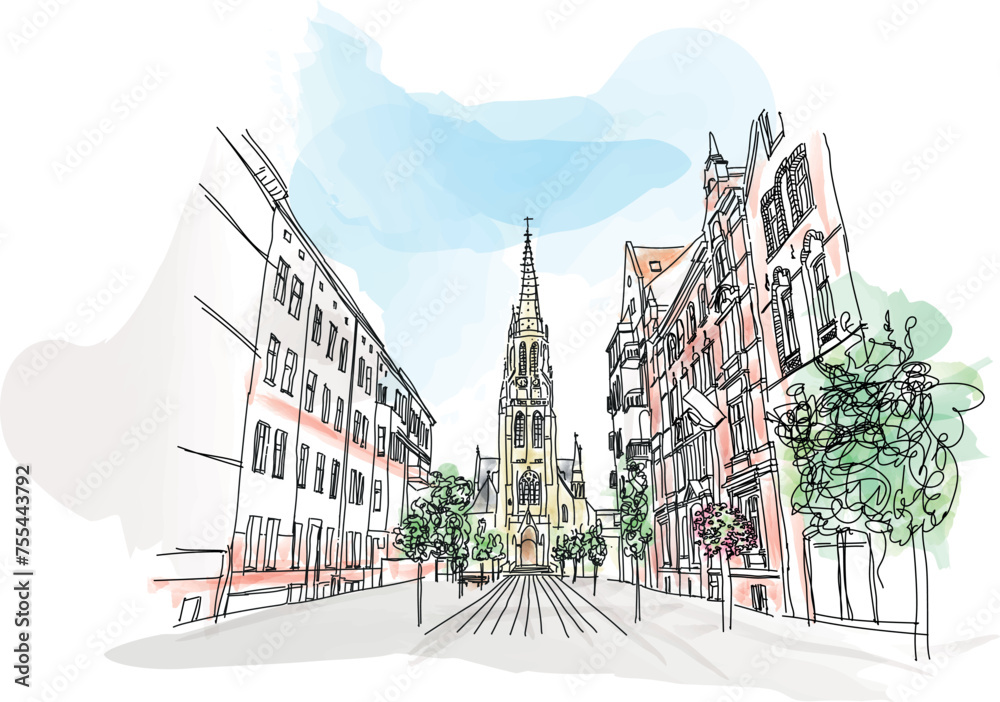 Mariacka street and Church of Immaculate Conception of Blessed Virgin Mary in Katowice. Poland, vector illustration